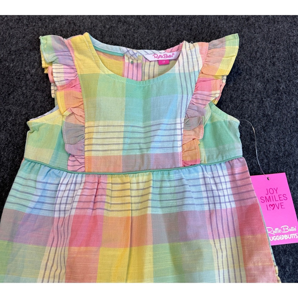 NEW RuffleButts Girls Romper Rainbow Gingham Plaid Size 2T Snap Ruffle Butts - Picture 3 of 14